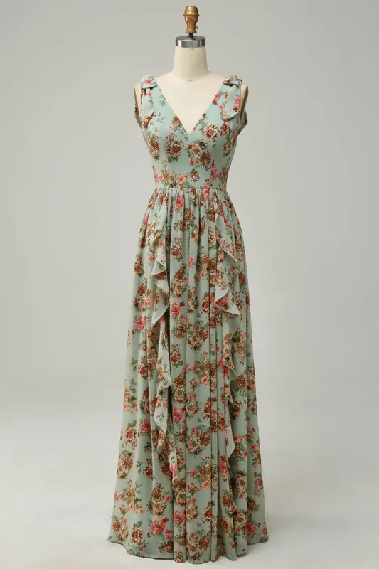 A Line V Neck Green Floral Printed Long Bridesmaid Dress sold by Zapaka