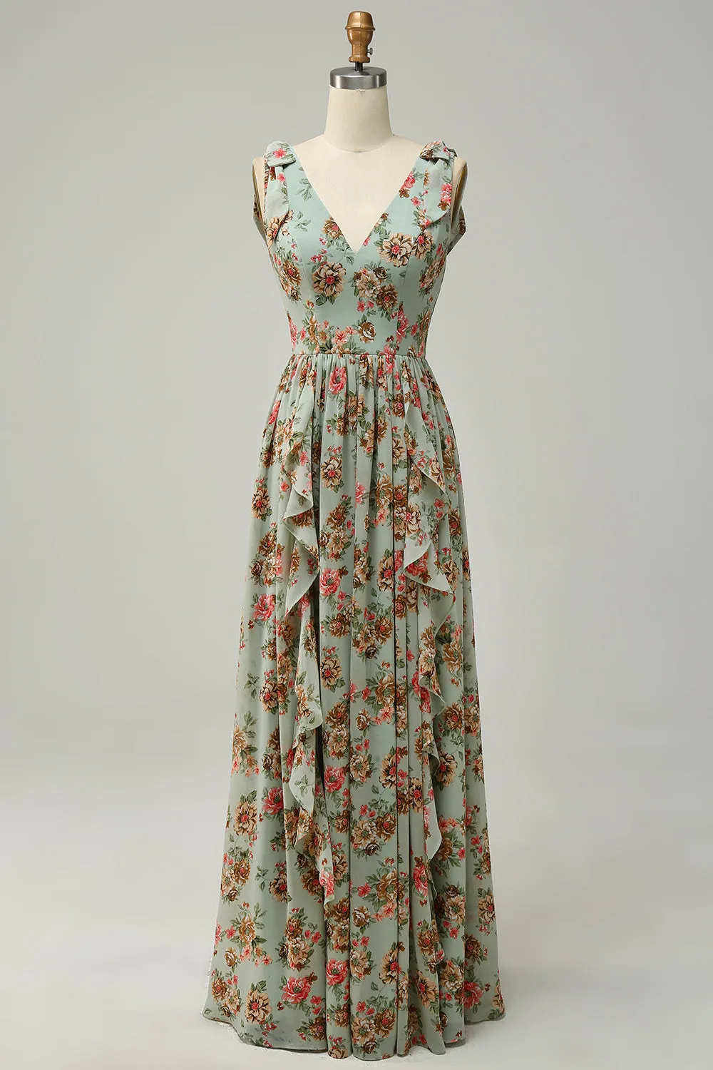 A Line V Neck Green Floral Printed Long Bridesmaid Dress sold by Zapaka