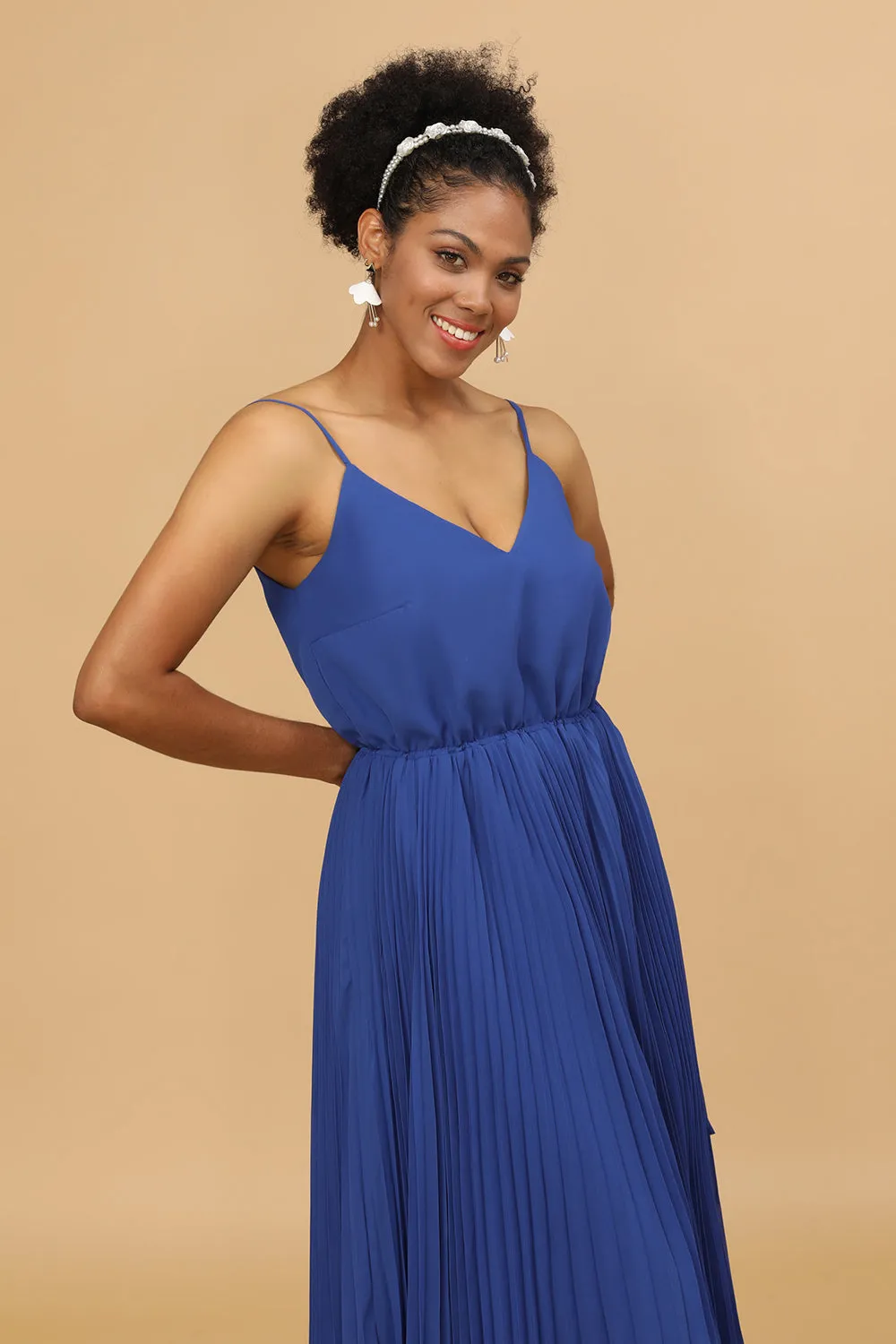 A Line Spaghetti Straps Royal Blue Tea Length Bridesmaid Dress sold by Zapaka product image thumbnail 4