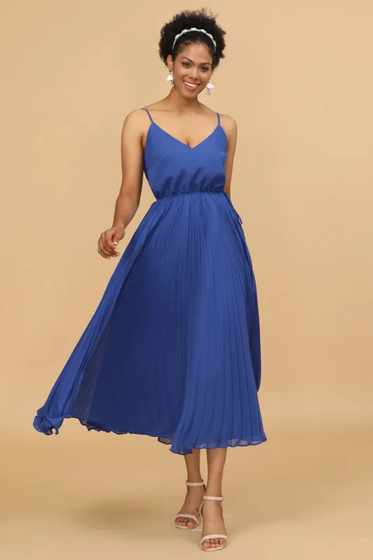 A Line Spaghetti Straps Royal Blue Tea Length Bridesmaid Dress sold by Zapaka