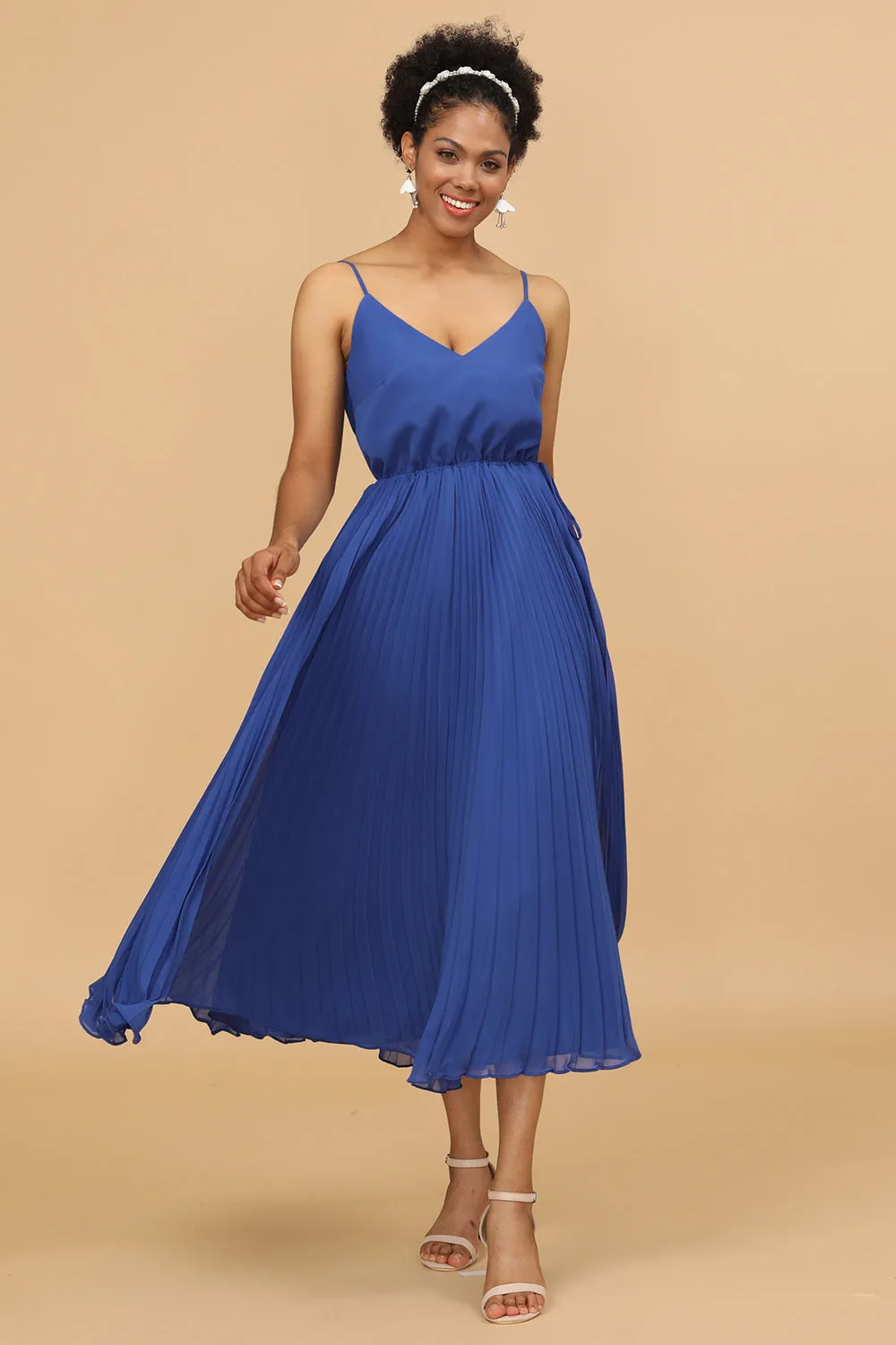 A Line Spaghetti Straps Royal Blue Tea Length Bridesmaid Dress sold by Zapaka