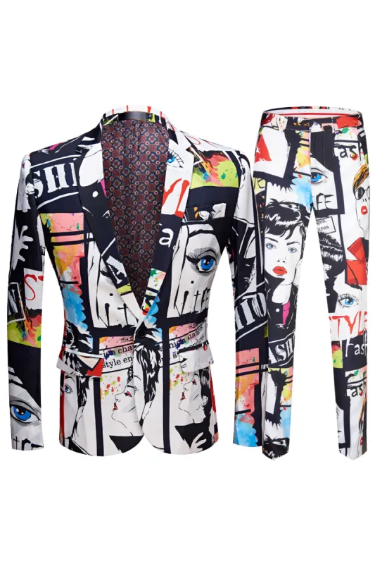 White Notched Lapel Special Graffiti 2 Piece Men's Suit sold by Zapaka