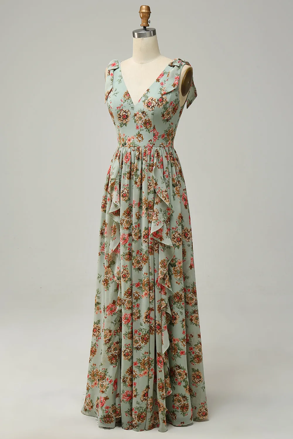 A Line V Neck Green Floral Printed Long Bridesmaid Dress sold by Zapaka product image thumbnail 3