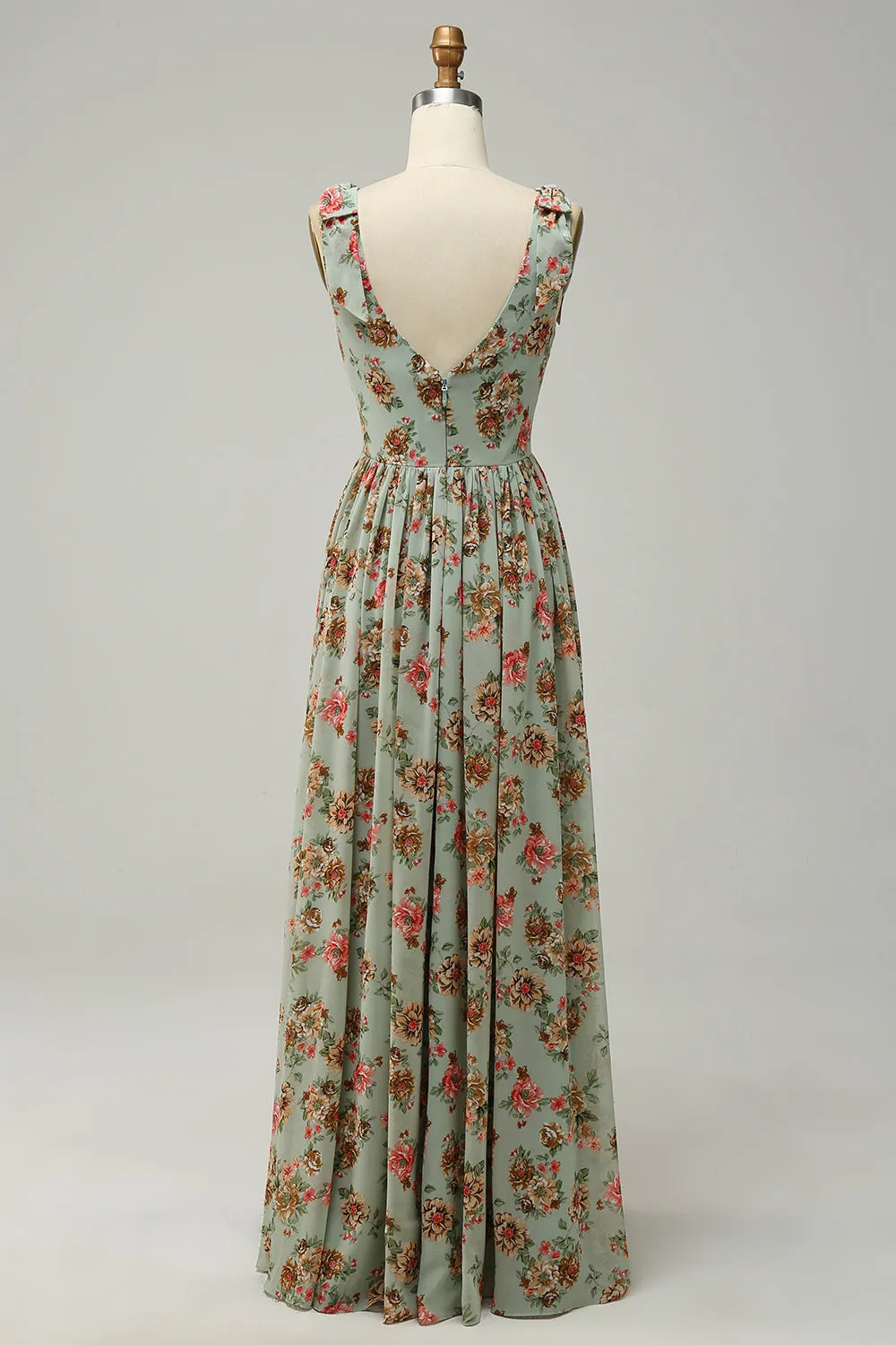 A Line V Neck Green Floral Printed Long Bridesmaid Dress sold by Zapaka product image thumbnail 2