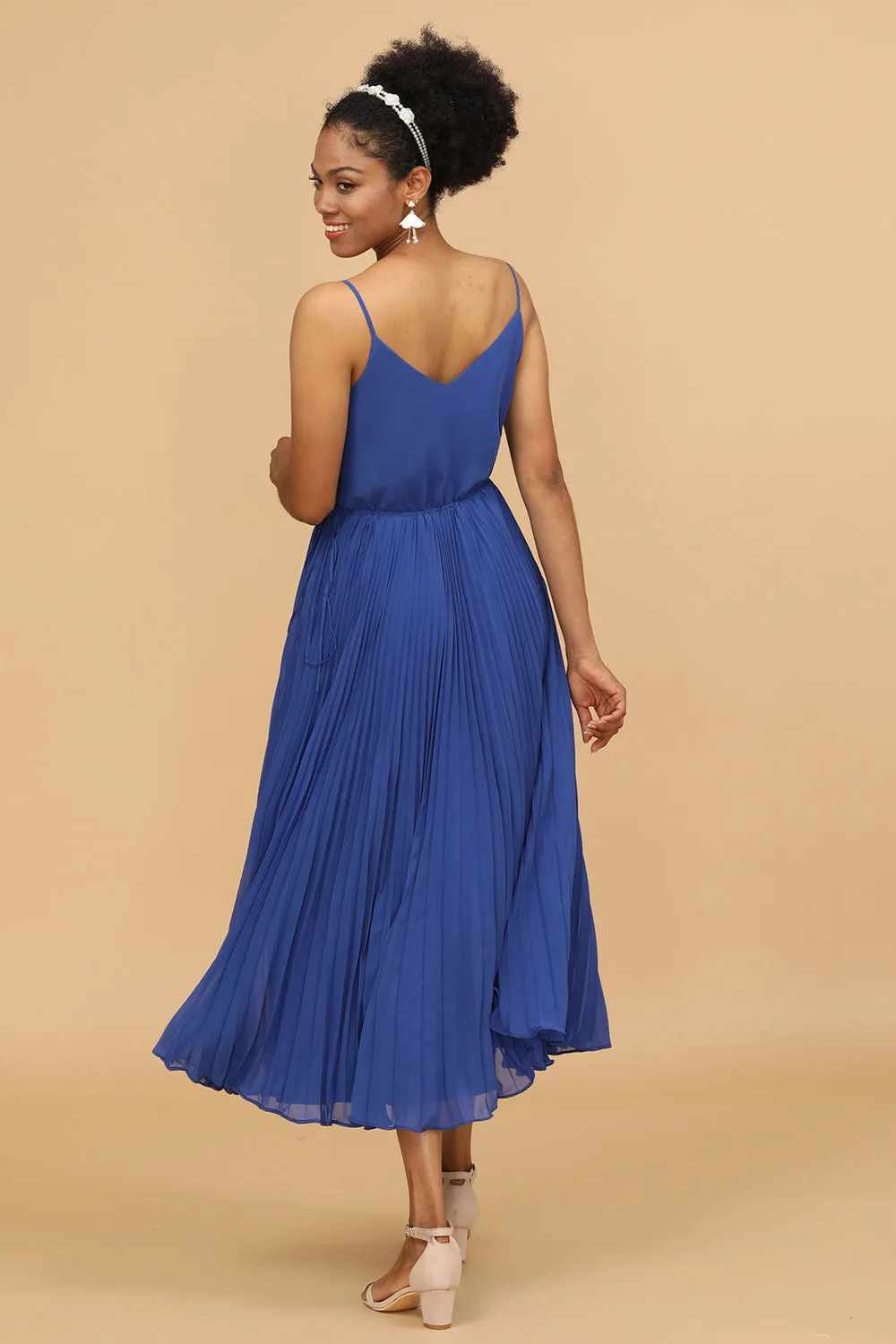 A Line Spaghetti Straps Royal Blue Tea Length Bridesmaid Dress sold by Zapaka product image thumbnail 2