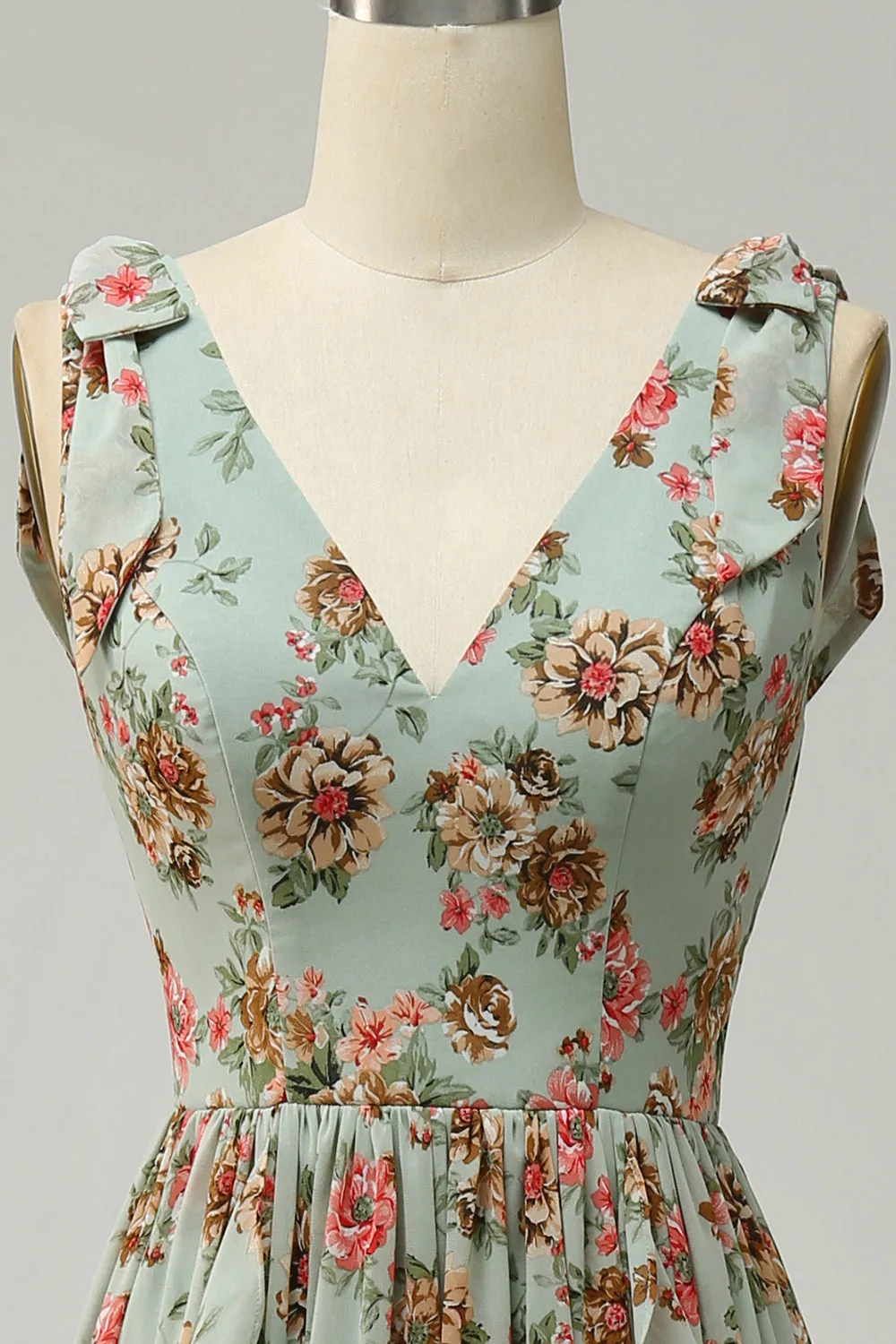 A Line V Neck Green Floral Printed Long Bridesmaid Dress sold by Zapaka product image thumbnail 4