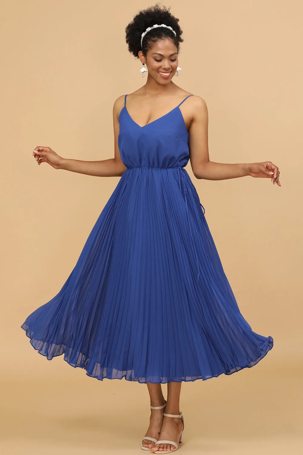 A Line Spaghetti Straps Royal Blue Tea Length Bridesmaid Dress sold by Zapaka product image thumbnail 3