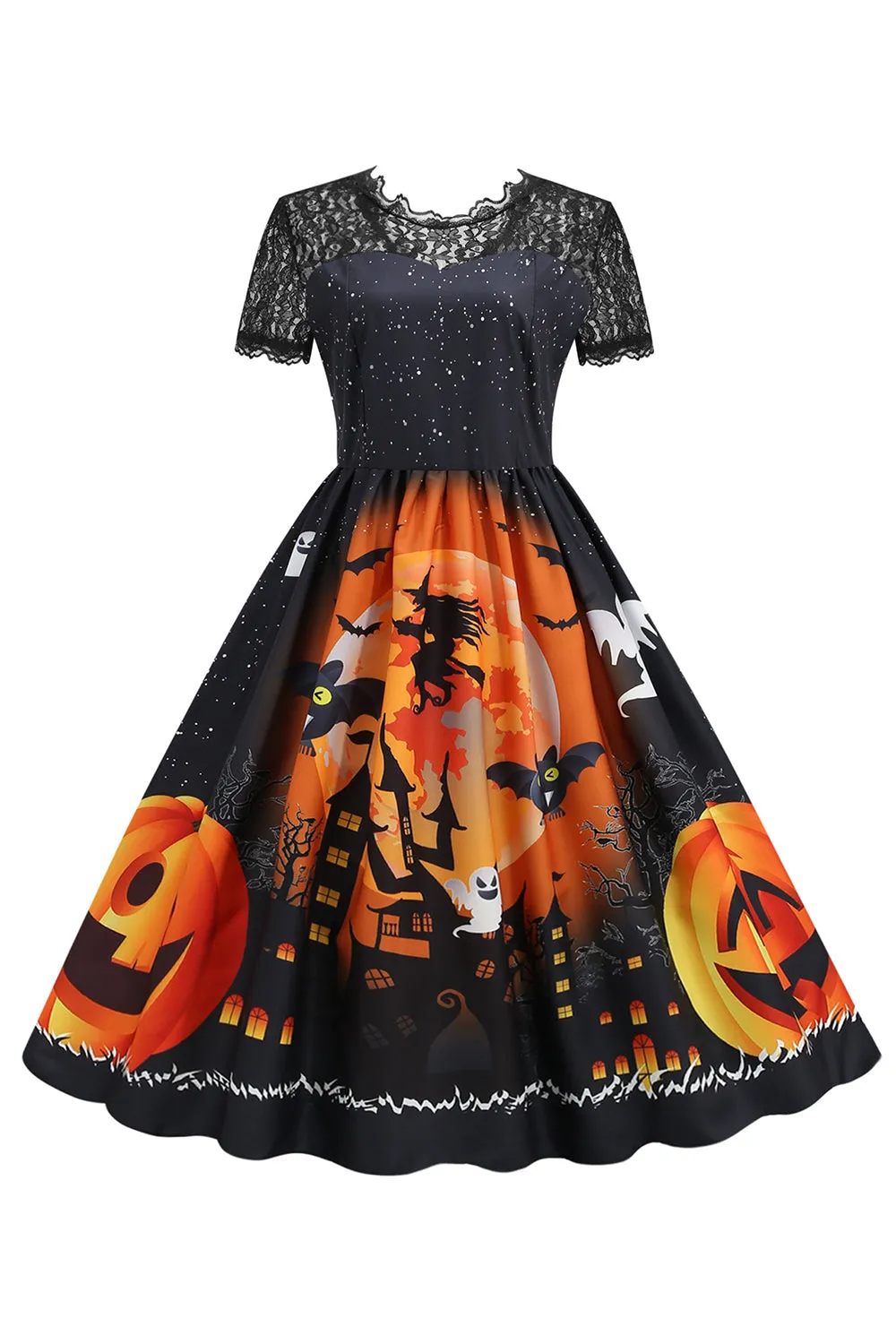 Lace Short Sleeve Print Halloween Retro Dress sold by Zapaka