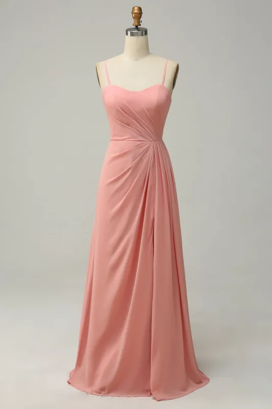 A Line Spaghetti Straps Blush Long Bridesmaid Dress sold by Zapaka