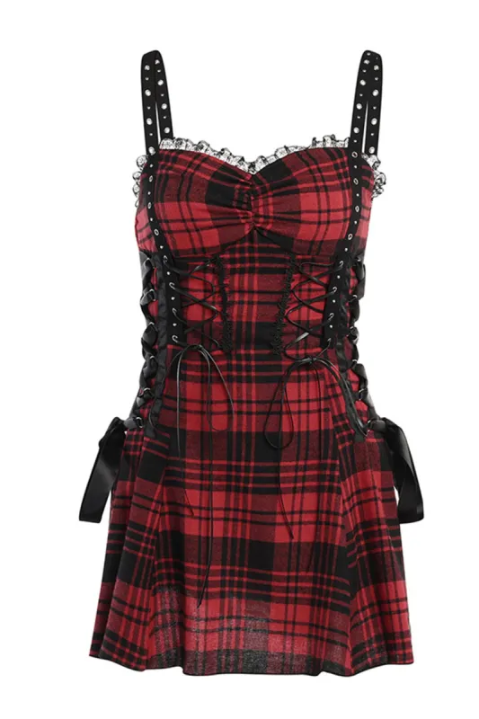 Spaghetti Straps Plaid Red Vintage Dress with Lace sold by Zapaka