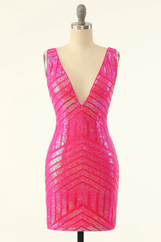 Fuchsia Sequins V-Neck Tight Homecoming Dress sold by Zapaka