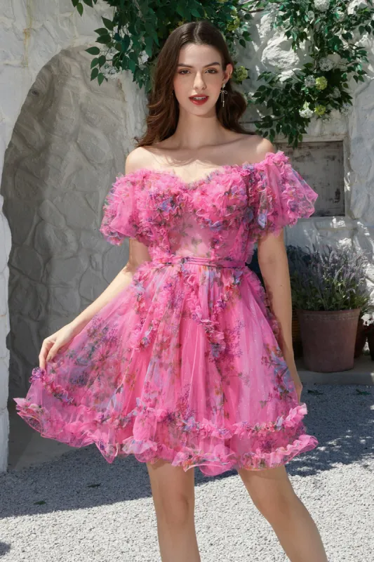 Beautiful A Line Off the Shoulder Fuchsia Tulle Short Homecoming Dress with Short Sleeves sold by Zapaka