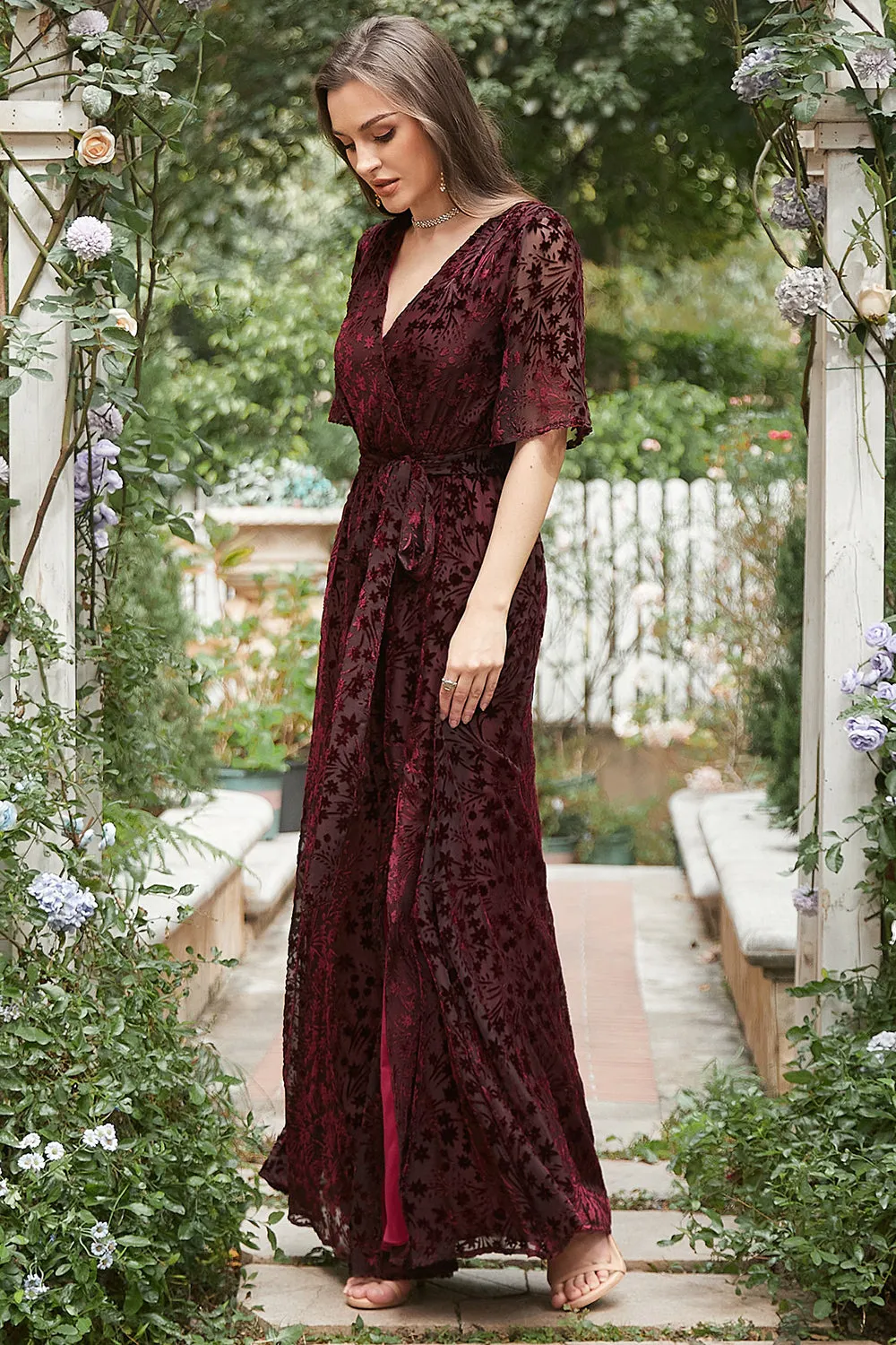A Line V Neck Rust Long Bridesmaid Dress with Split Front sold by Zapaka product image thumbnail 3