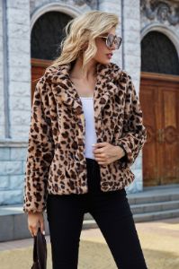 Brown Notched Lapel Leopard Printed Copped Faux Fur Women Coat sold by Zapaka