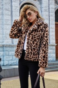 Brown Notched Lapel Leopard Printed Copped Faux Fur Women Coat sold by Zapaka