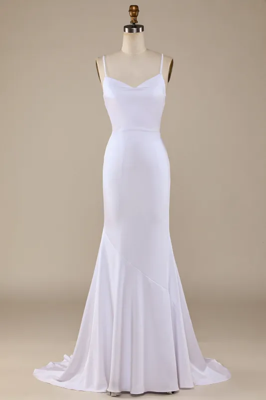 White Mermaid Lace-Up Back Sweep Train Wedding Dress made by Zapaka
