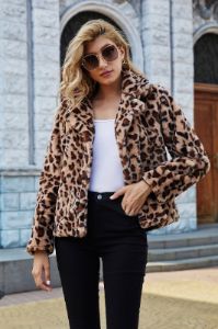 Brown Notched Lapel Leopard Printed Copped Faux Fur Women Coat sold by Zapaka