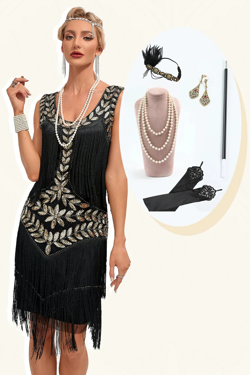 Glitter Black Sequins Fringed 1920s Gatsby Dress with Accessories Set sold by Zapaka