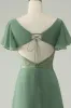 A Line Eucalyptus Square Neck Chiffon Bridesmaid Dress with Slit sold by Zapaka