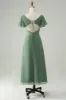 A Line Eucalyptus Square Neck Chiffon Bridesmaid Dress with Slit sold by Zapaka