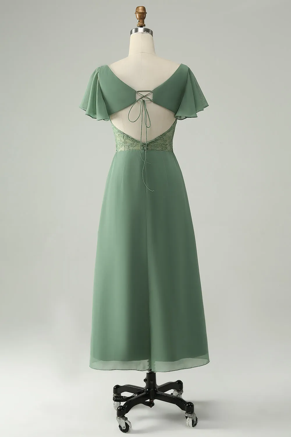 A Line Eucalyptus Square Neck Chiffon Bridesmaid Dress with Slit sold by Zapaka product image thumbnail 2