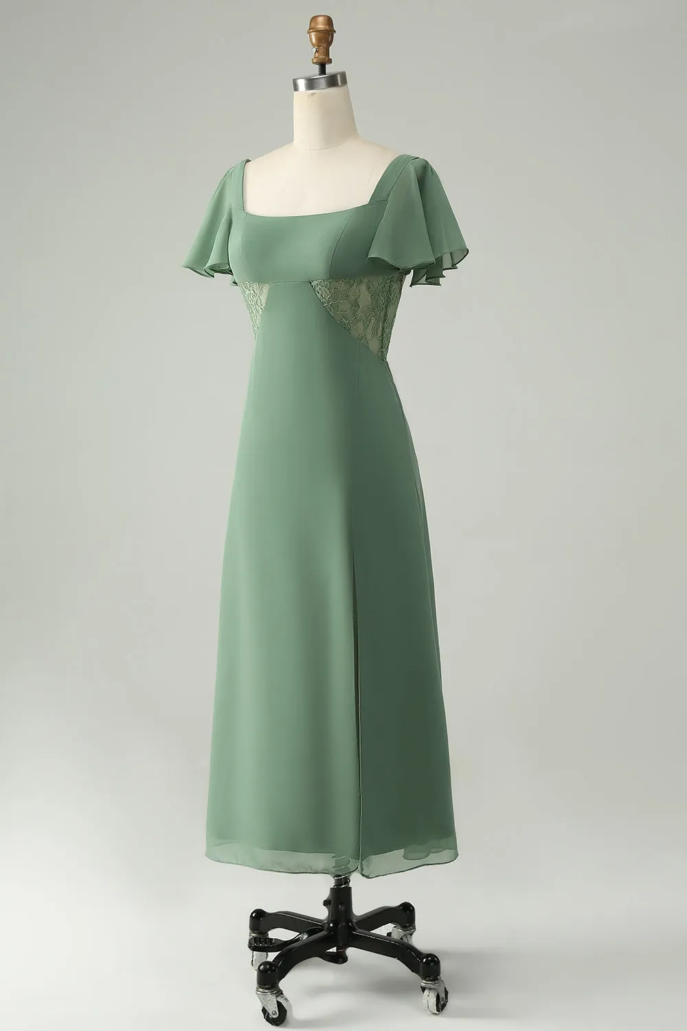 A Line Eucalyptus Square Neck Chiffon Bridesmaid Dress with Slit sold by Zapaka product image thumbnail 3