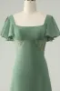 A Line Eucalyptus Square Neck Chiffon Bridesmaid Dress with Slit sold by Zapaka