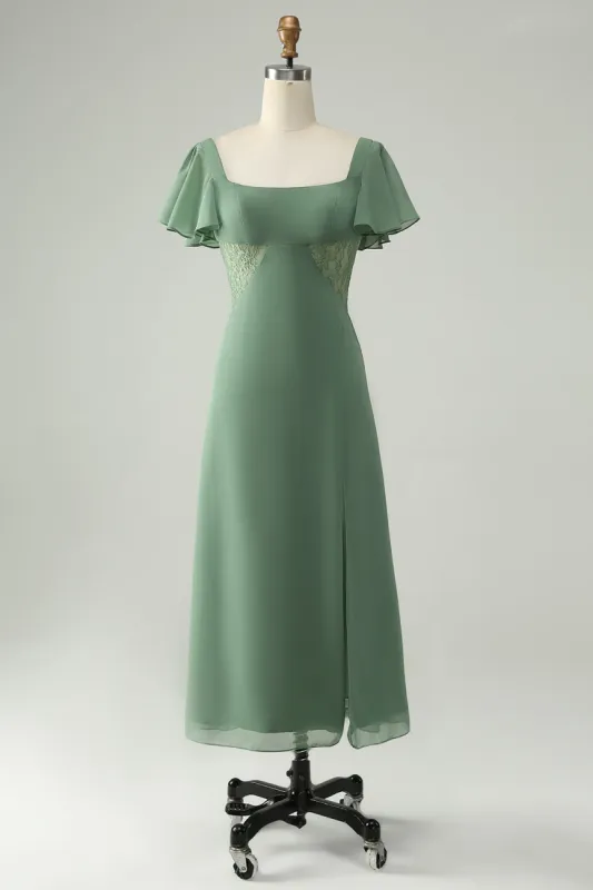 A Line Eucalyptus Square Neck Chiffon Bridesmaid Dress with Slit sold by Zapaka