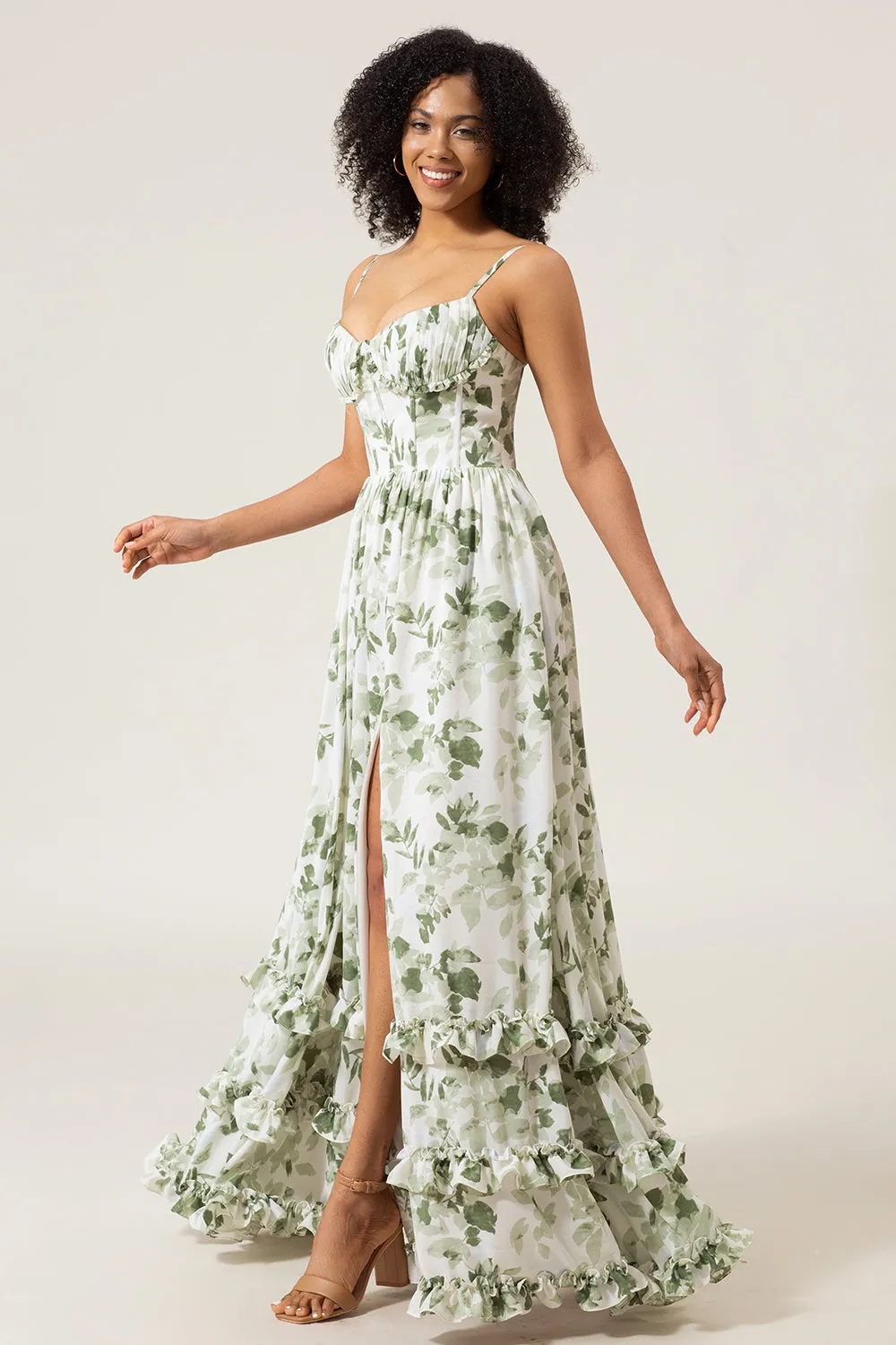 A-Line Spaghetti Straps Green Printed Long Bridesmaid Dress With Slit sold by Zapaka product image thumbnail 4