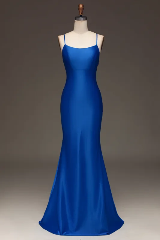 Simple Royal Blue Satin Mermaid Long Prom Dress sold by Zapaka