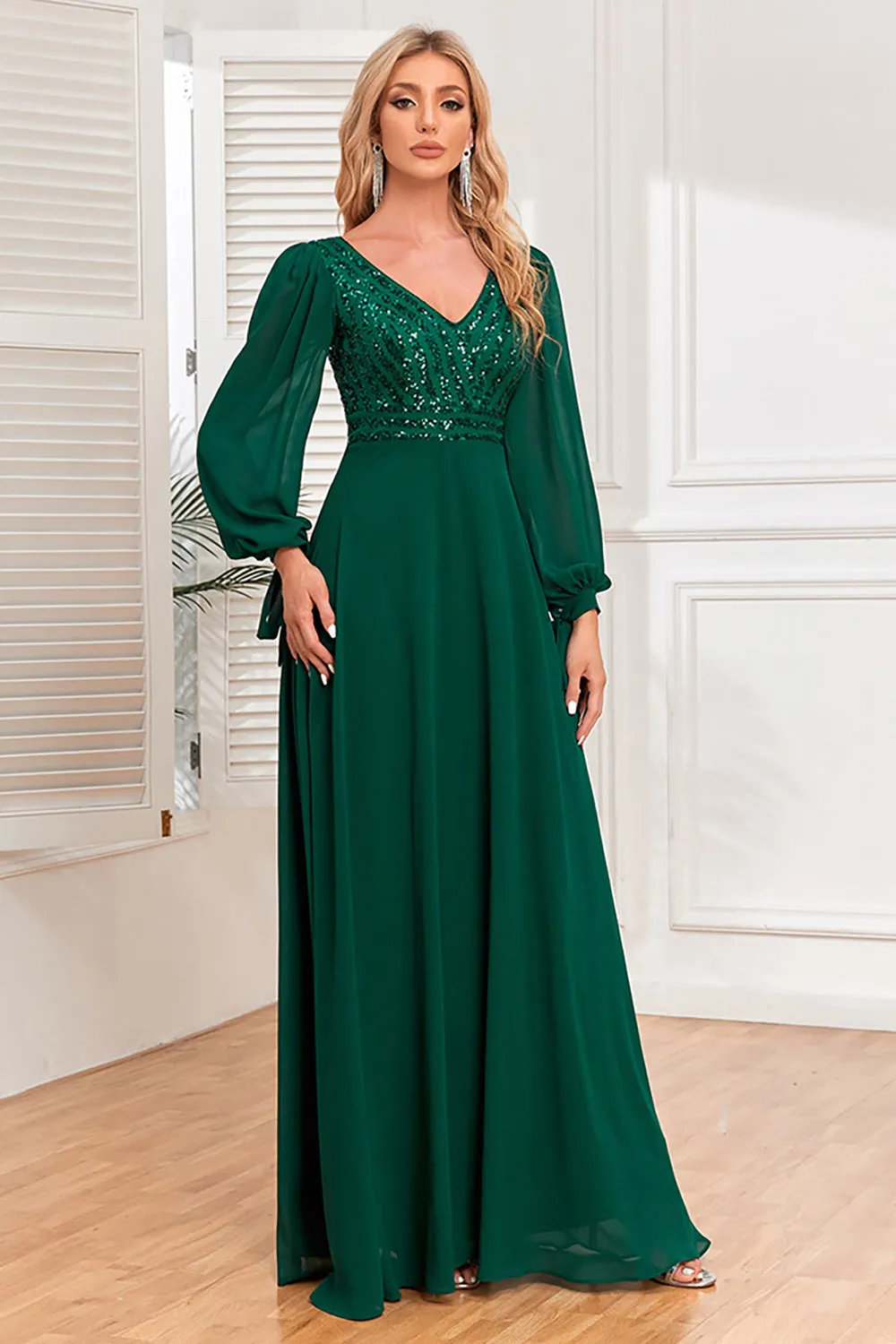 Dark Green A-Line V Neck Long Prom Dress With Sequins sold by Zapaka product image thumbnail 3