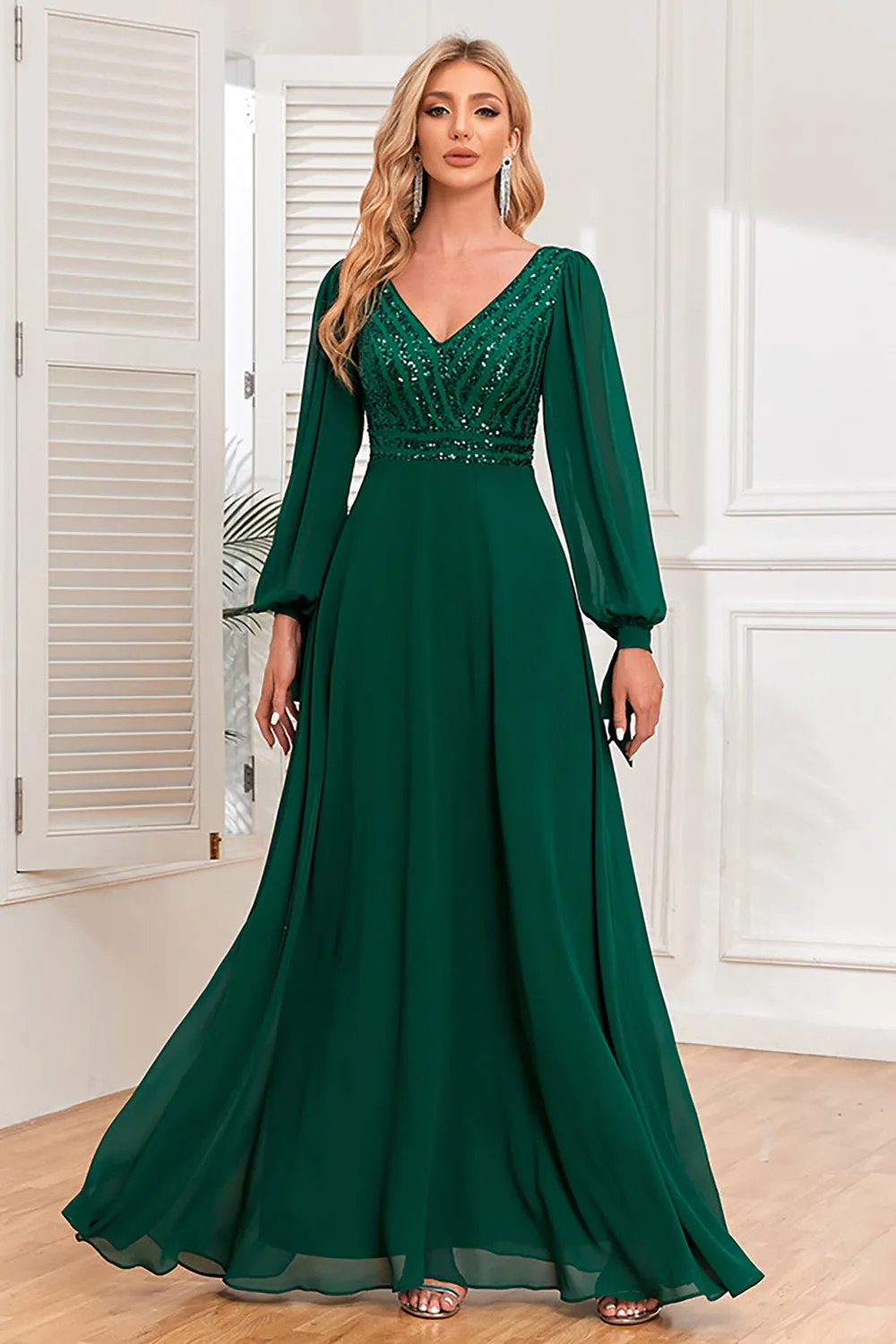 Dark Green A-Line V Neck Long Prom Dress With Sequins sold by Zapaka product image thumbnail 4