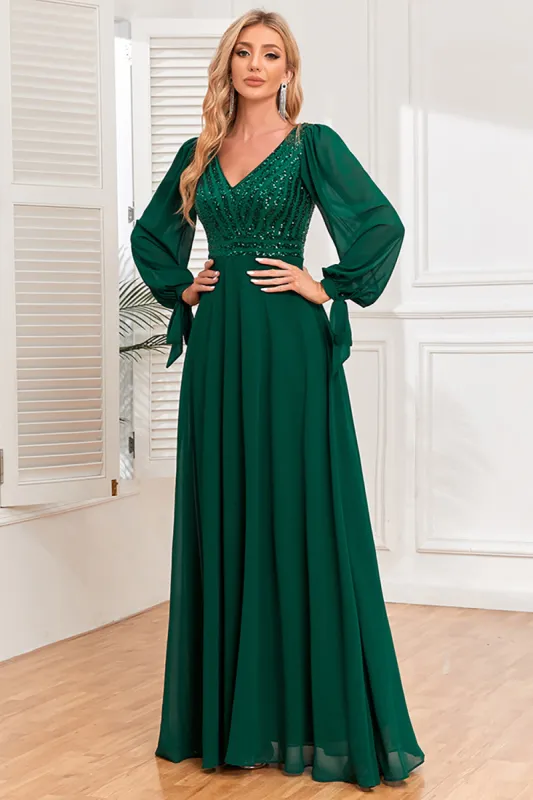Dark Green A-Line V Neck Long Prom Dress With Sequins sold by Zapaka