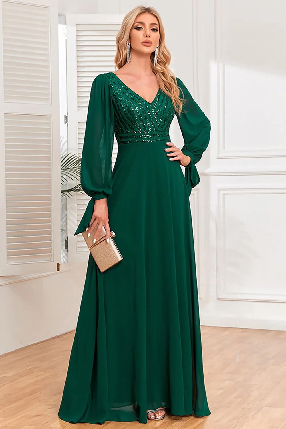 Dark Green A-Line V Neck Long Prom Dress With Sequins sold by Zapaka product image thumbnail 5