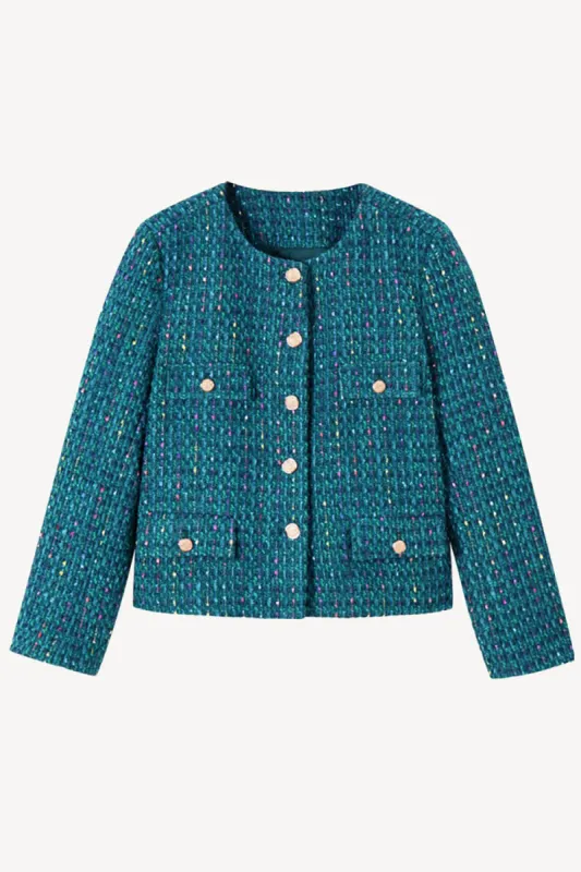 Dark Blue Tweed Open Front Women Jacket sold by Zapaka