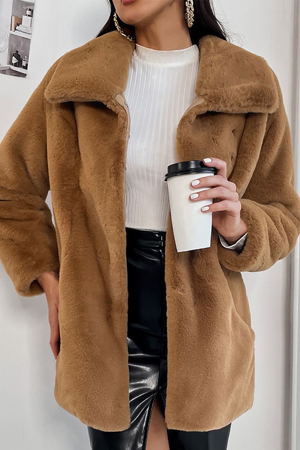 Camel Midi Teddy Faux Fur Shearling Coat sold by Zapaka product image thumbnail 3