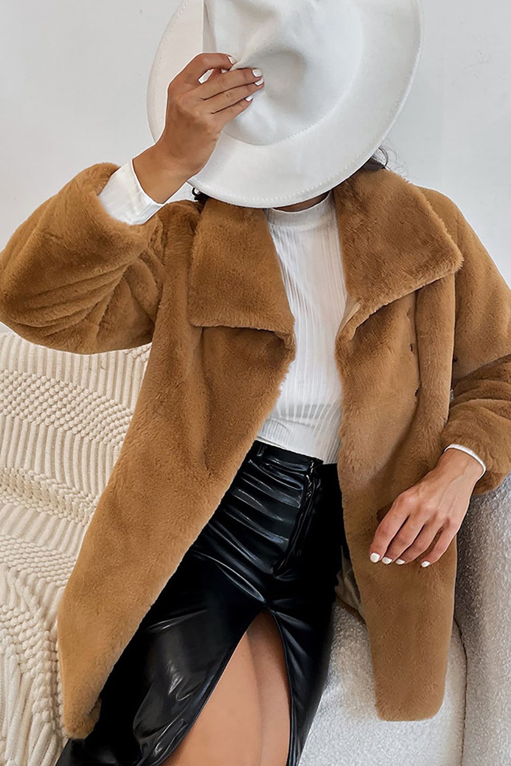 Camel Midi Teddy Faux Fur Shearling Coat sold by Zapaka product image thumbnail 4