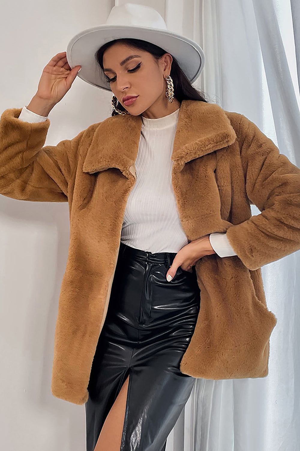 Camel Midi Teddy Faux Fur Shearling Coat sold by Zapaka