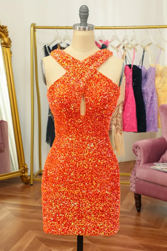 Glitter Orange Halter Backless Sequins Tight Homecoming Dress sold by Zapaka