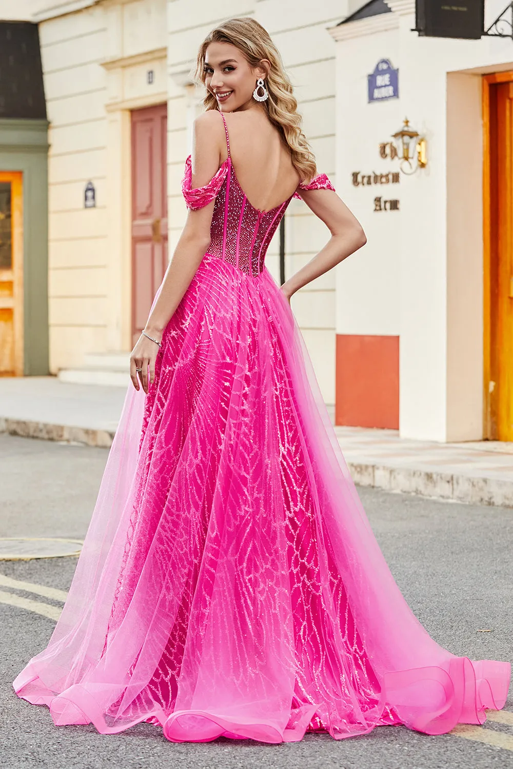 A-Line Cold Shoudler Sparkly Hot Pink Corset Prom Dress with Beading sold by Zapaka product image thumbnail 2
