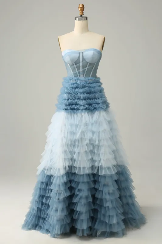 A Line Sweetheart Grey Blue Long Prom Dress with Ruffles sold by Zapaka