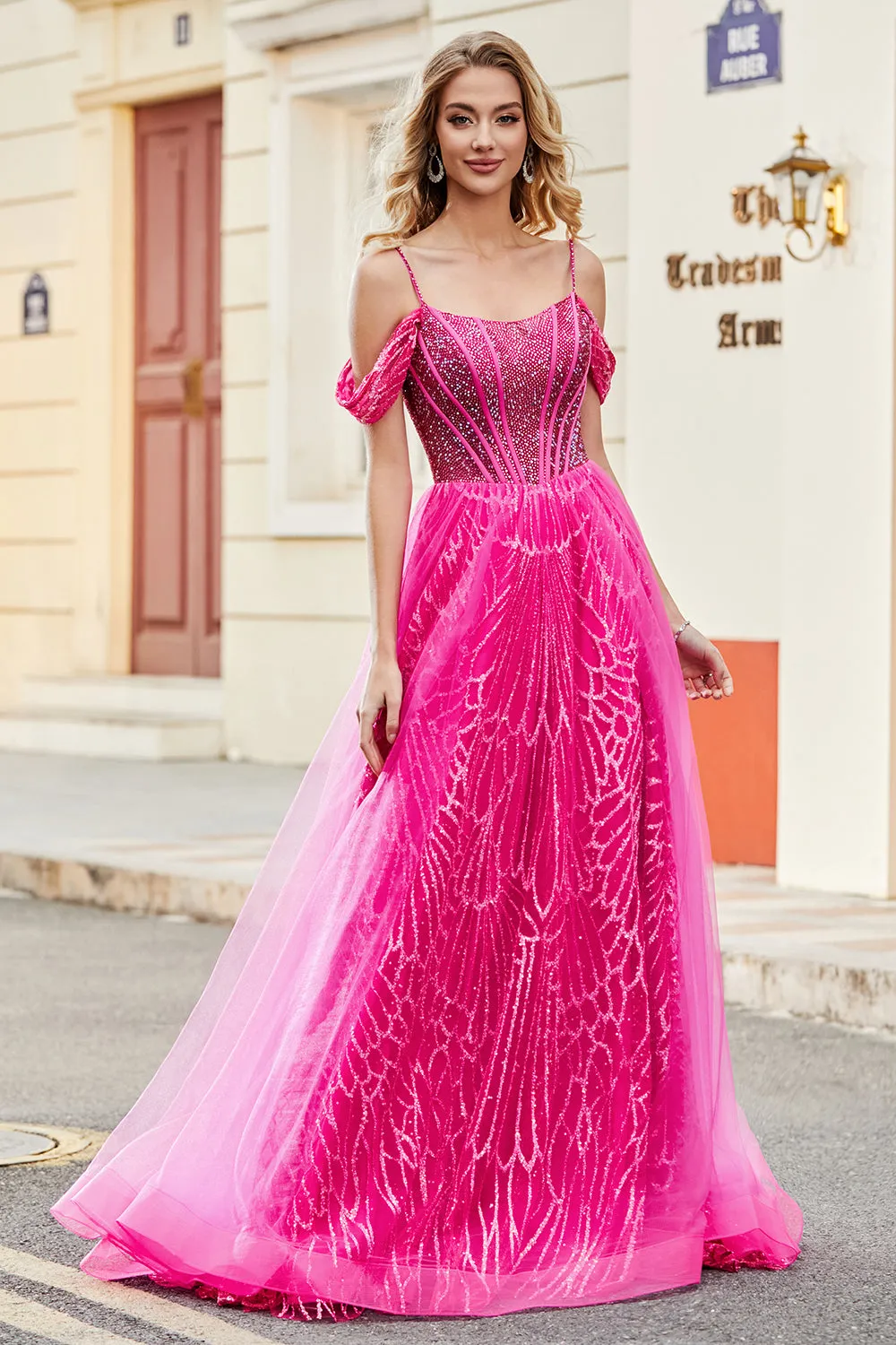 A-Line Cold Shoudler Sparkly Hot Pink Corset Prom Dress with Beading sold by Zapaka product image thumbnail 3
