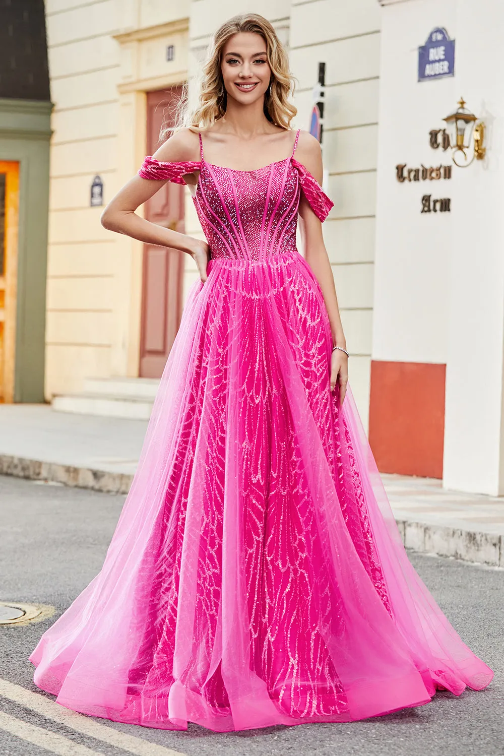 A-Line Cold Shoudler Sparkly Hot Pink Corset Prom Dress with Beading sold by Zapaka
