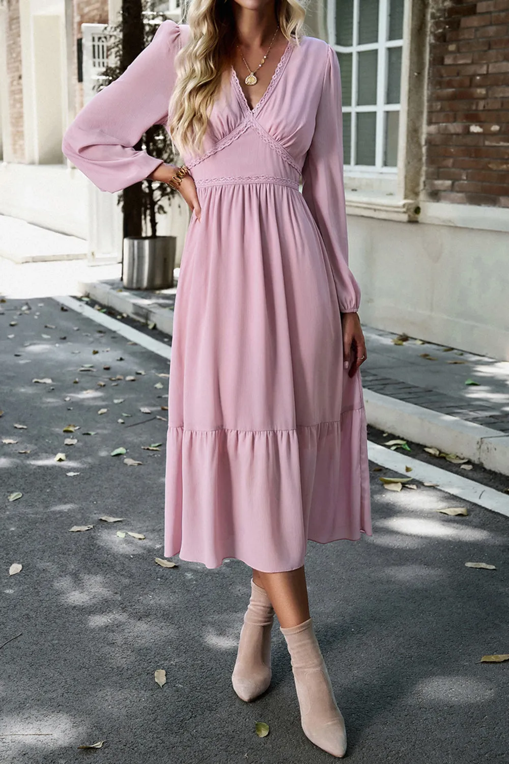 Pink Long Sleeves A Line Casual Dress sold by Zapaka product image thumbnail 3