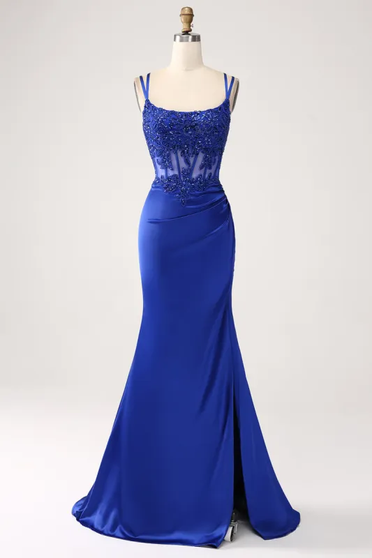 Royal Blue Mermaid Corset Beaded Long Prom Dress with Slit sold by Zapaka