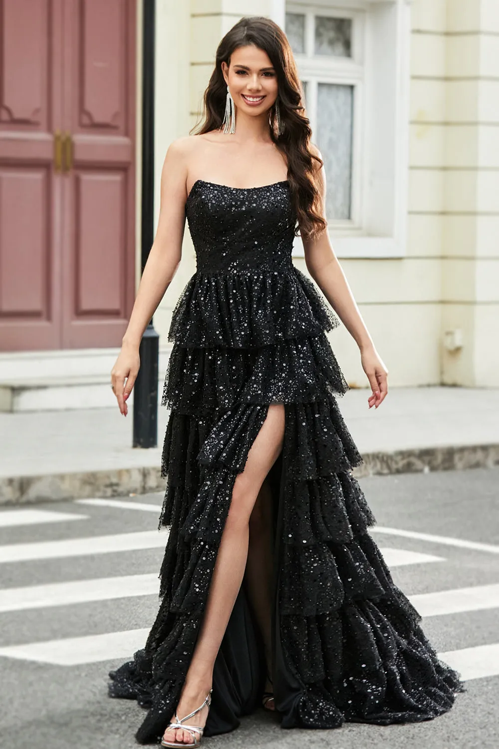 Stylish A Line Strapless Black Sequins Long Prom Dress with Ruffles sold by Zapaka product image thumbnail 3