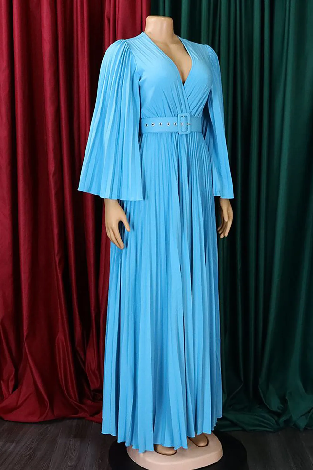Sky Blue Pleated Long Wedding Guest Dress sold by Zapaka product image thumbnail 3