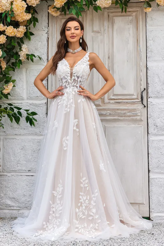 Gorgeous A Line Deep V Neck Champagne Tulle Wedding Dress with Lace sold by Zapaka