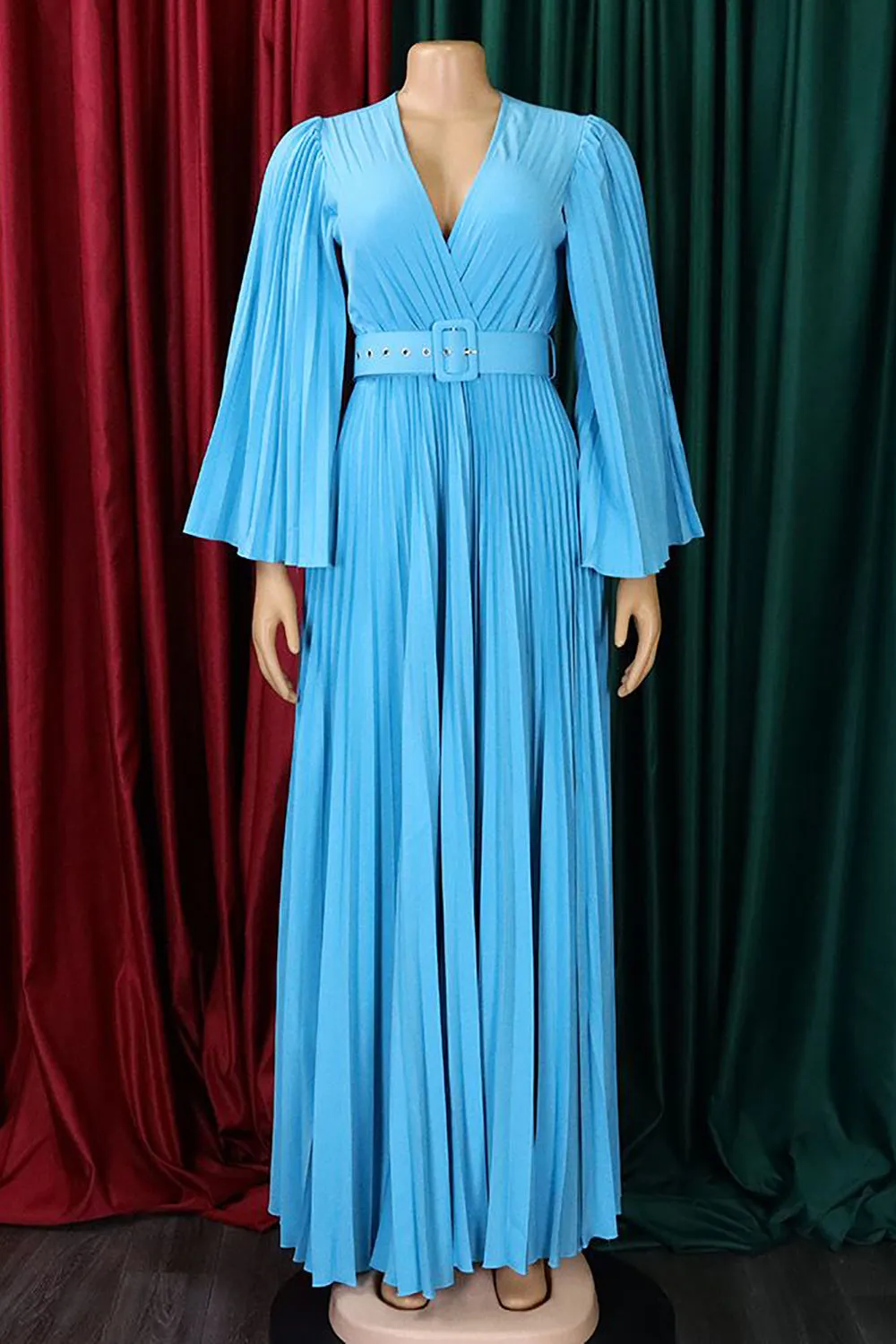 Sky Blue Pleated Long Wedding Guest Dress sold by Zapaka