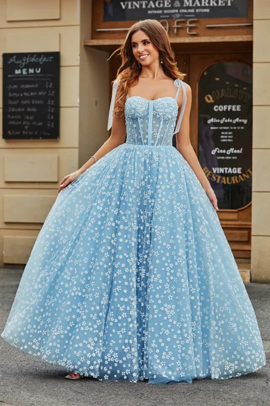Spaghetti Straps Sky Blue A-Line Corset Prom Dress with Florals sold by Zapaka